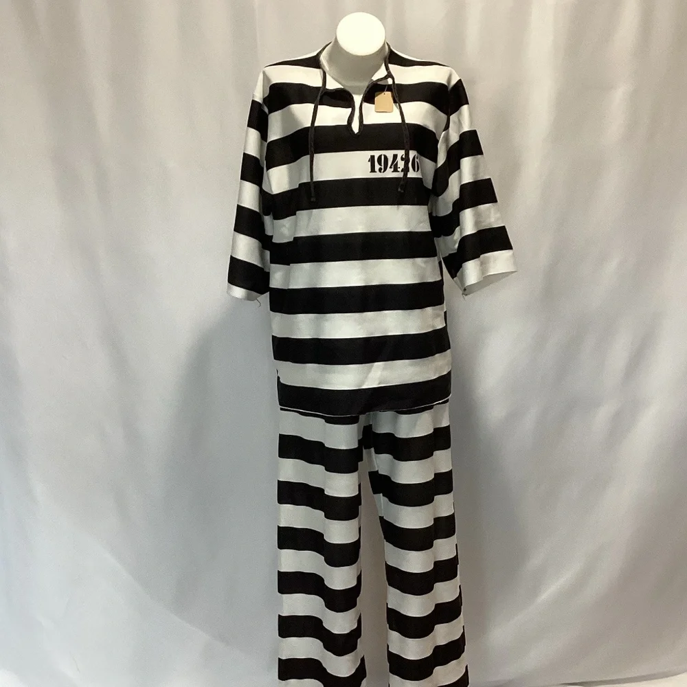 1809. Kids Inmate Costume Set Black & White Striped 3pc Set Large